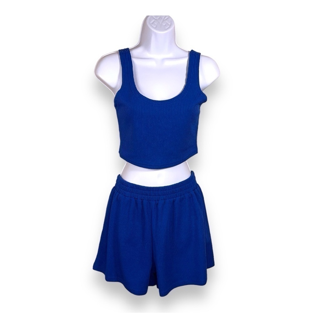 SIZE 4 SHEIN ROYAL BLUE TANK SHORTS SET RIBBED STRETCH CASUAL OUTFIT COMFY